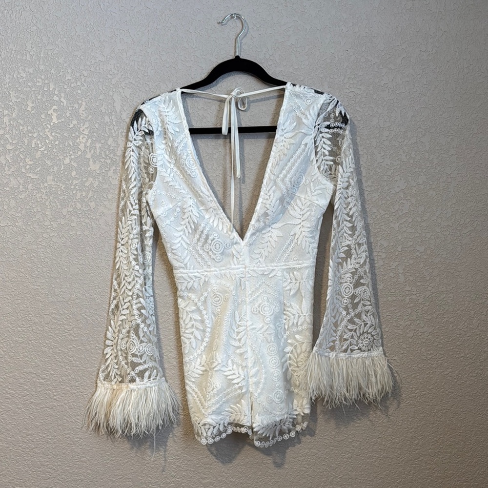 Elegant White Lace Romper with Feather Trim
